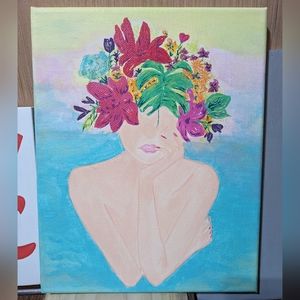 HC Original Painting Girl with Flowers Acrylic on Canvas